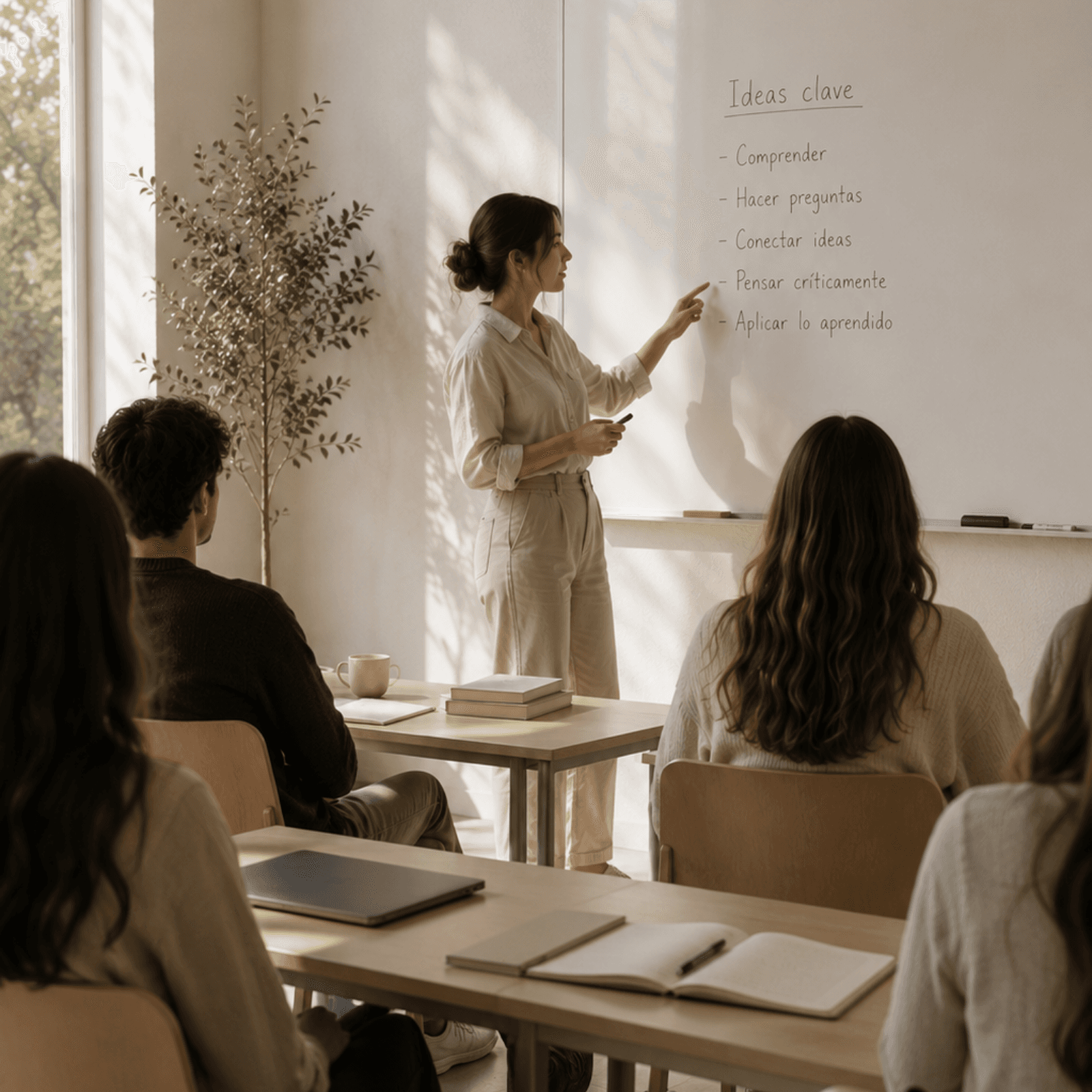 Educadora guiando una conversación frente a un grupo de estudiantes
