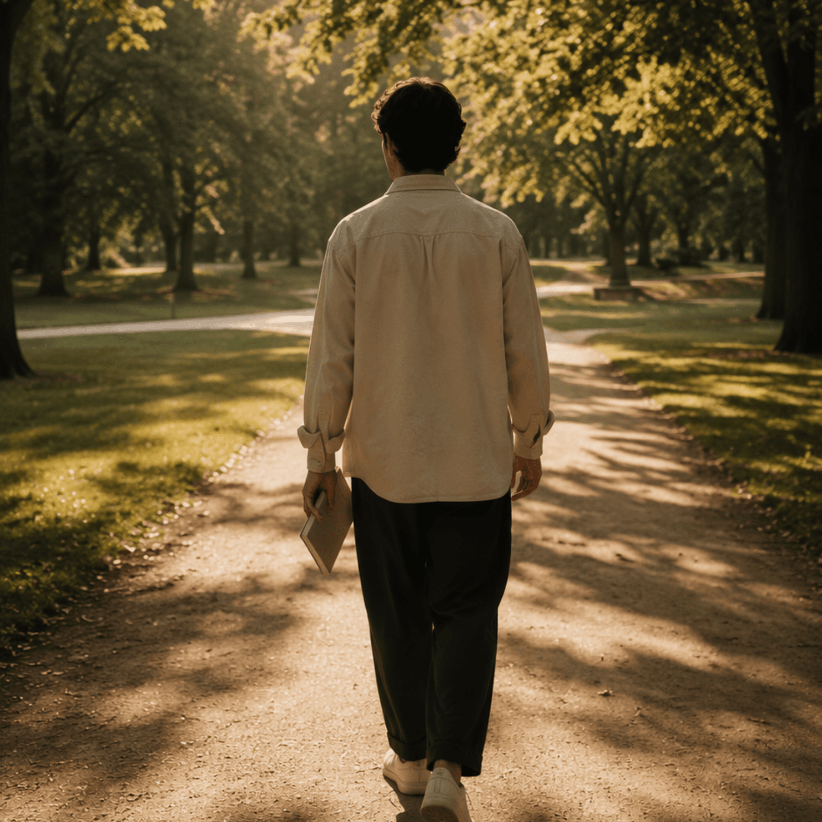 Persona recorriendo un parque con un cuaderno en la mano